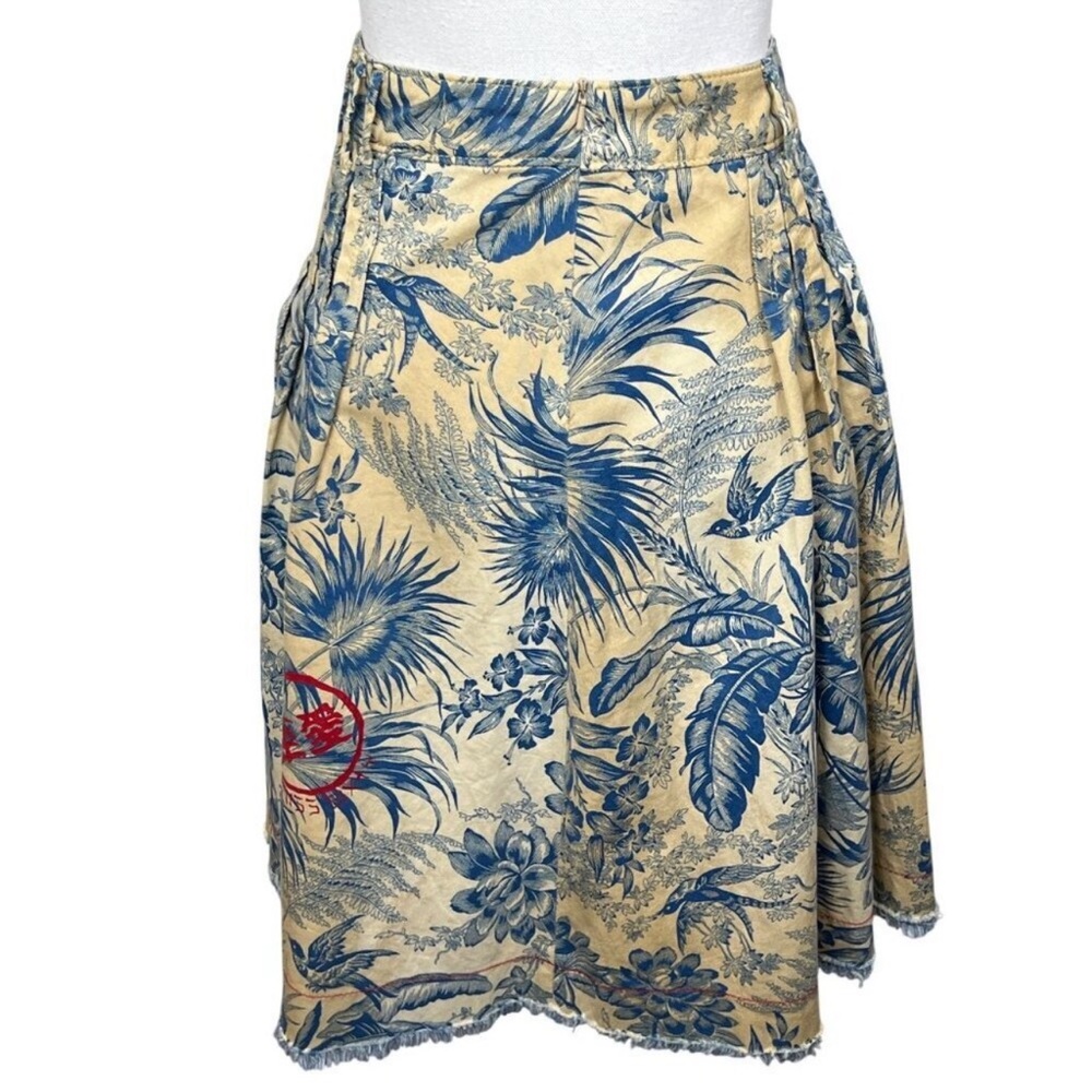 VINTAGE MISS SIXTY Dirty Denim Full Skirt Blue & Cream Bird Pattern Sz S EUC